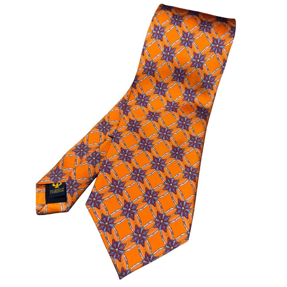Faberge Mens Silk Tie Orange Blue Geometric Floral Medallion Boyds Philadelphia